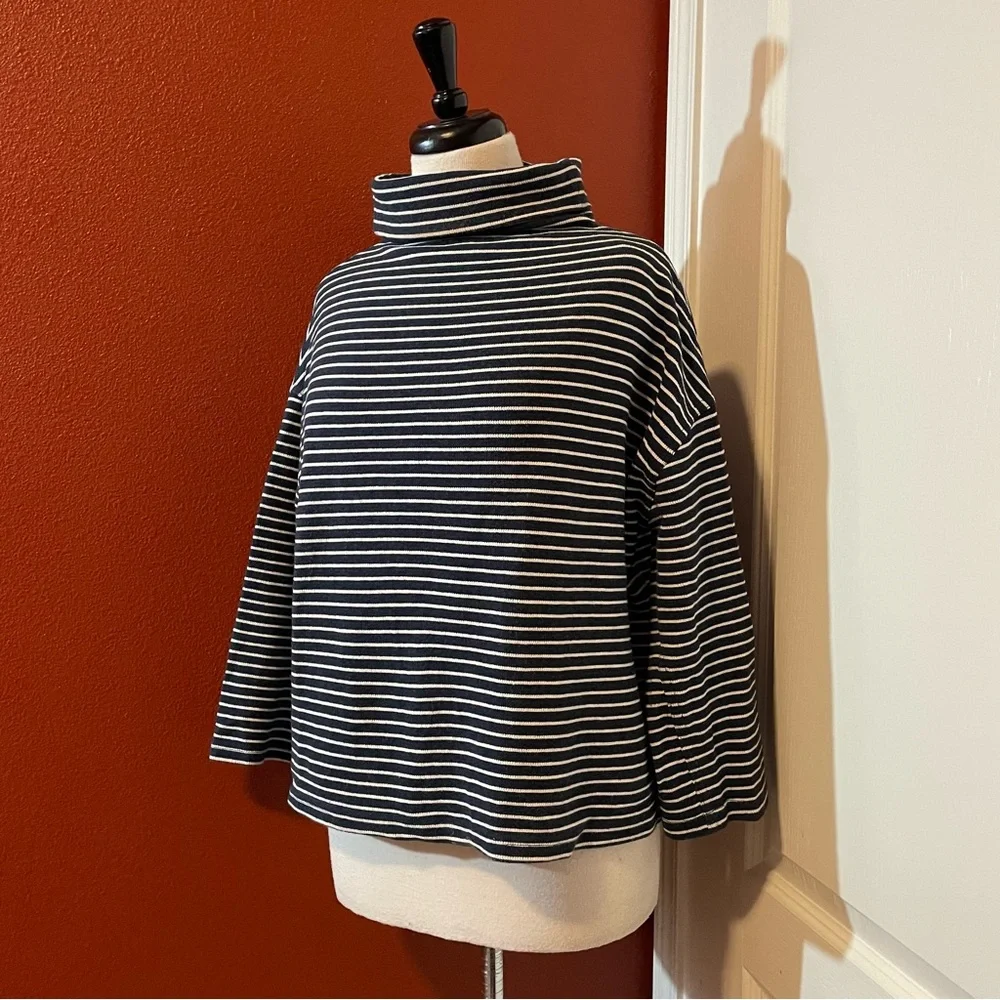 Emerson Fry Women’s Funnel Neck Blue & White Striped Cotton Terry Tuckernuck Top
